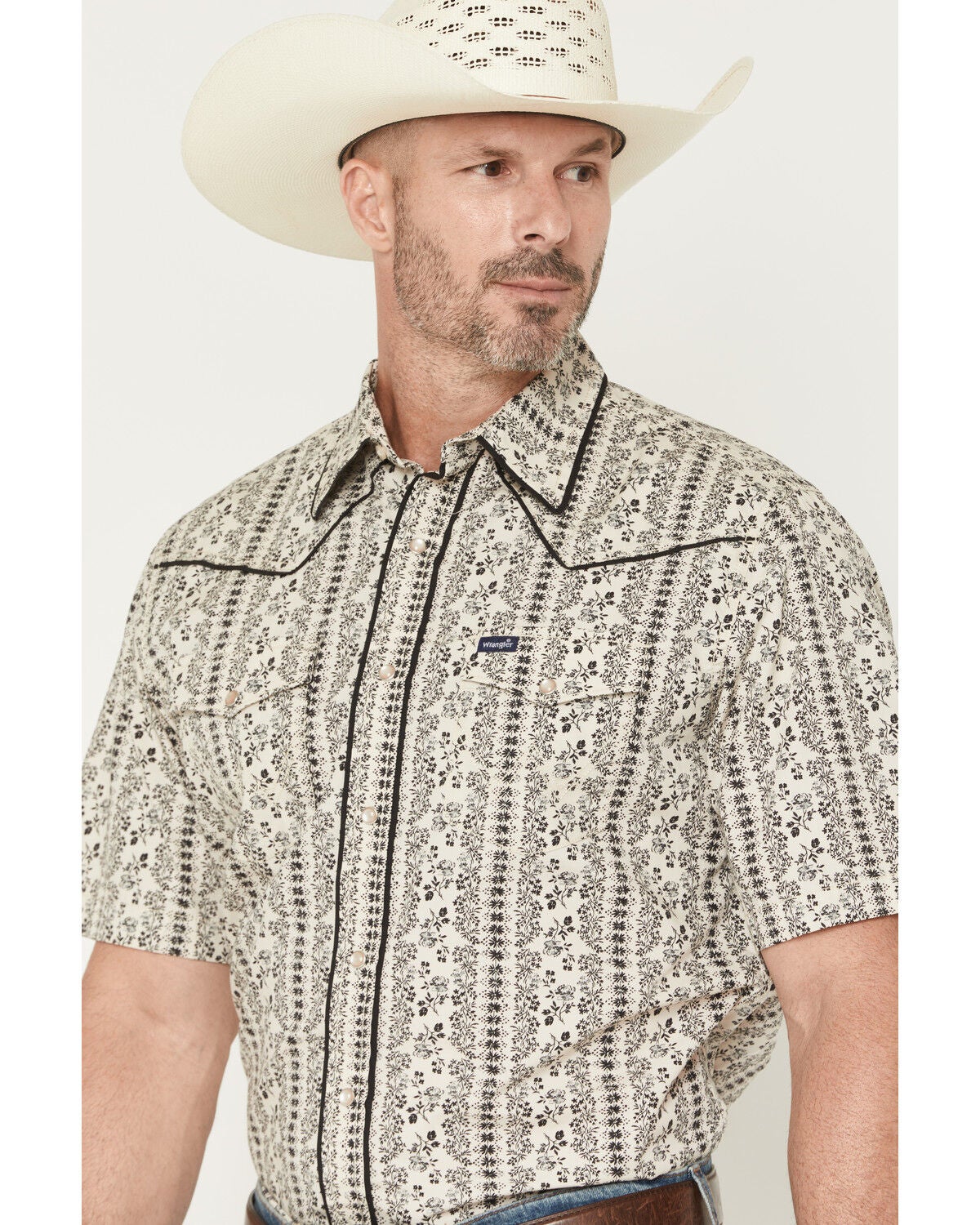 Image #2 - Wrangler Men's Vintage Brushpopper Floral Striped Print Short Sleeve Snap Western Shirt, Cream, hi-res