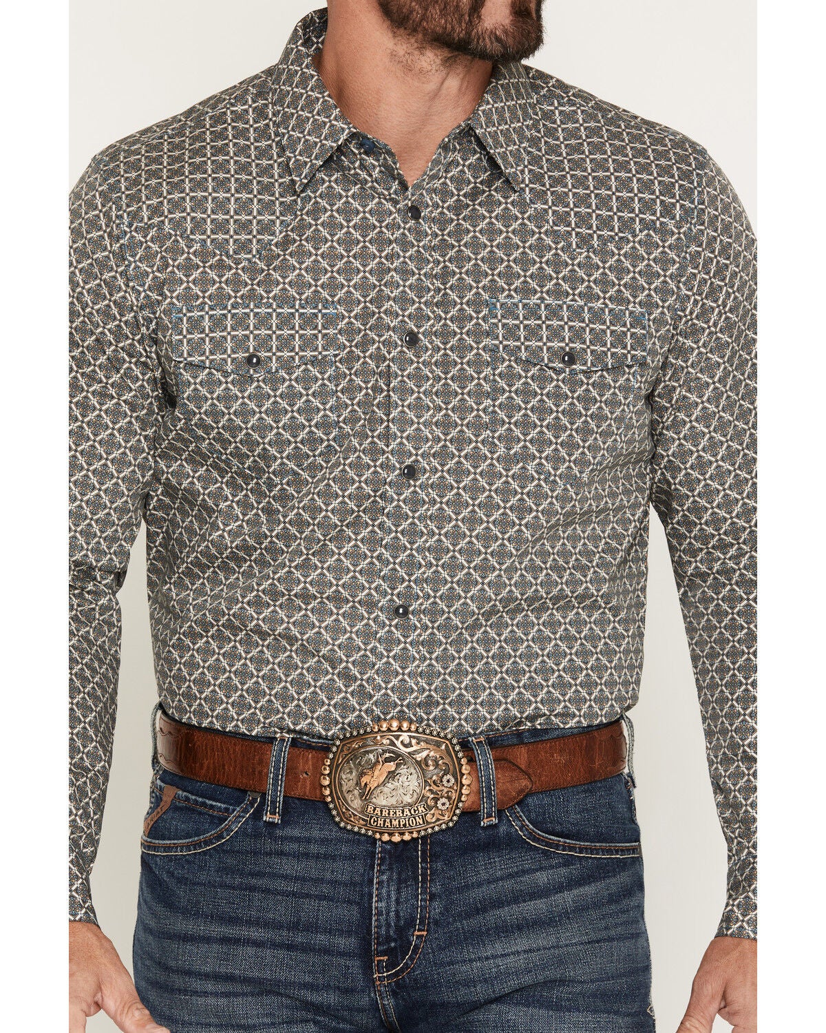 Image #3 - Gibson Trading Co Men's YeeHaw Medallion Print Long Sleeve Snap Western Shirt, Blue, hi-res