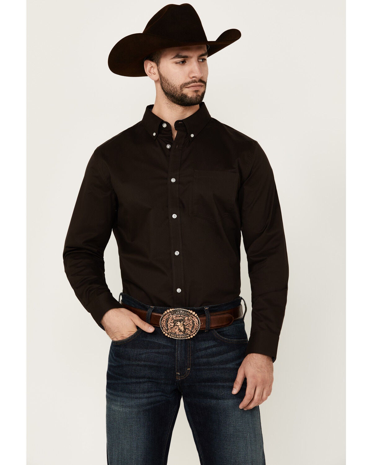Cody James Men's Basic Solid Long Sleeve Button-Down Stretch Western Shirt - Big, Brown, hi-res