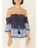Image #3 - Temped Women's Border Print Smocked Off Shoulder Short Sleeve Top, Navy, hi-res