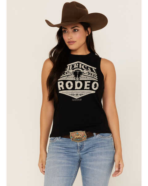 Rank 45 Women's American Rodeo Steer Head Graphic Tank Top, Black, hi-res