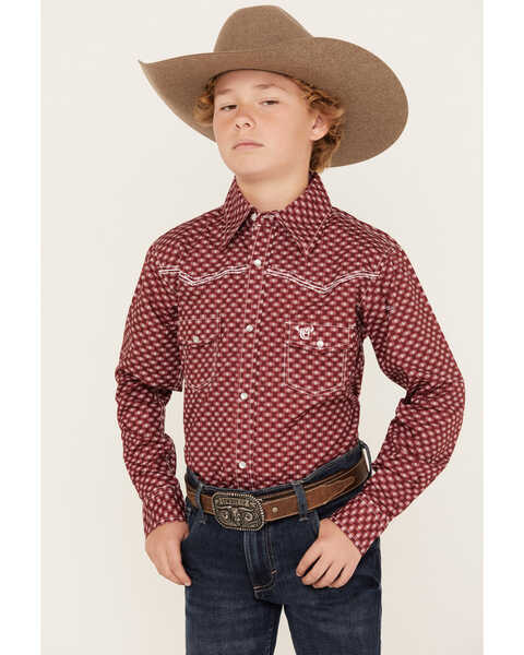 Cowboy Hardware Boys' Rolodex Long Sleeve Pearl Snap Western Shirt, Burgundy, hi-res