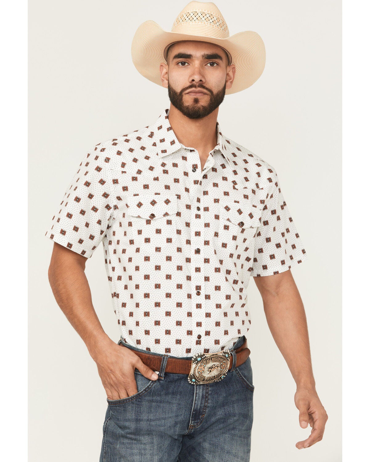 Gibson Trading Co Men's Barn Door Southwestern Print Short Sleeve Snap Stretch Western Shirt, White, hi-res
