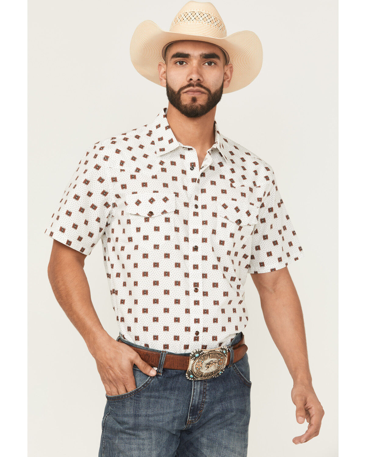 Image #1 - Gibson Trading Co Men's Barn Door Southwestern Print Short Sleeve Snap Stretch Western Shirt, White, hi-res