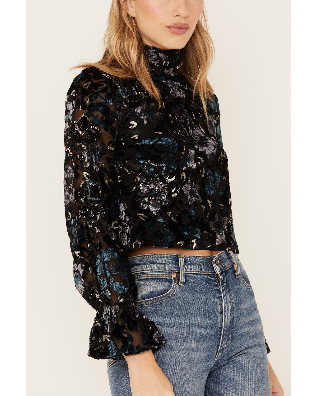 Image #2 - Shyanne Women's Burnout Floral Velvet Blouse, Black, hi-res