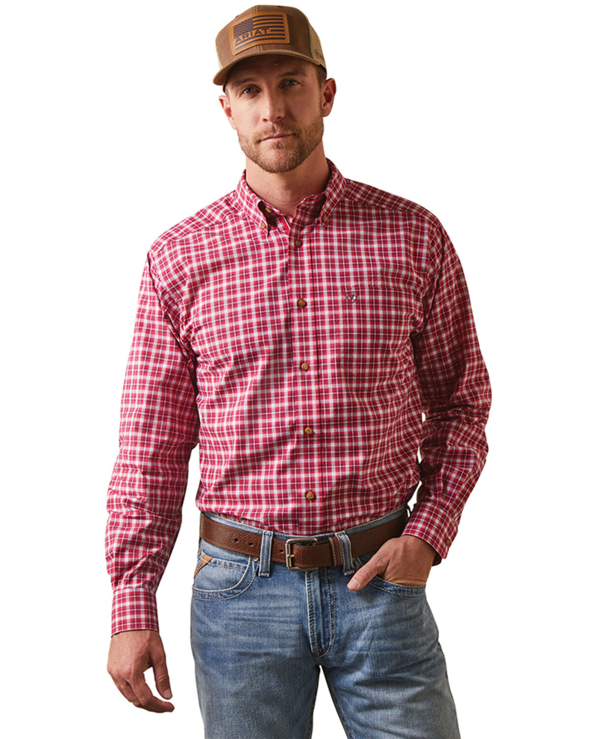Image #1 - Ariat Men's Indiana Plaid Print Long Sleeve Button-Down Performance Western Shirt, Red, hi-res