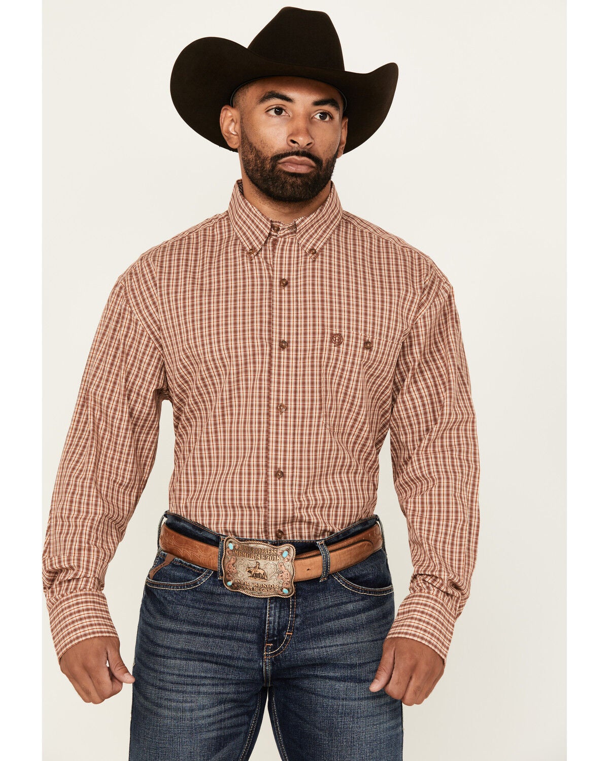 George Strait By Wrangler Men's Plaid Print Long Sleeve Button-Down Stretch Western Shirt, Brown, hi-res