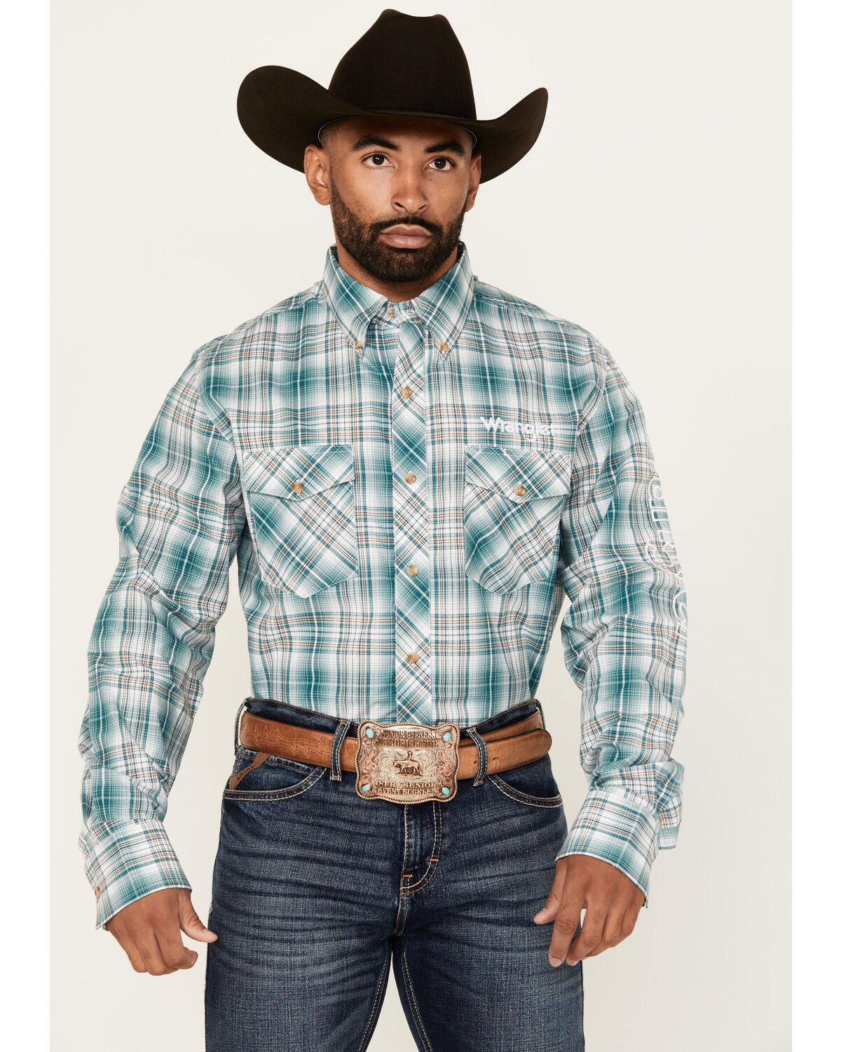 Wrangler Men's Plaid Print Logo Long Sleeve Button-Down Western Shirt, Green, hi-res