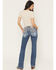 Image #1 - Miss Me Women's Medium Wash Mid Rise Americana Pocket 34" Bootcut Stretch Denim Jeans, Medium Wash, hi-res