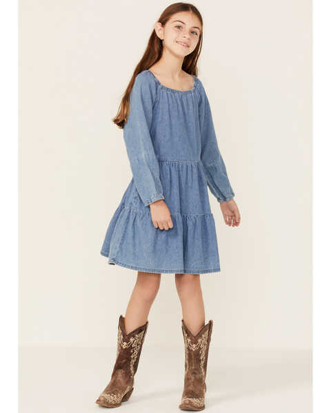 Hayden Girls' Denim Long Sleeve Tiered Dress , Blue, hi-res