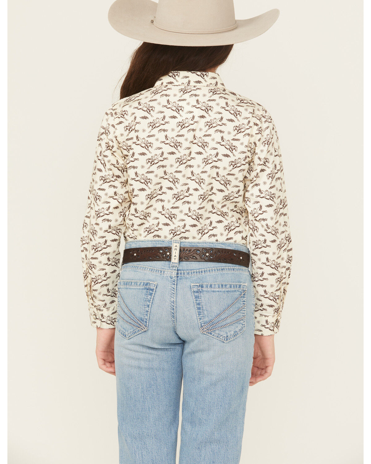 Image #4 - Ariat Girls' Horse Print Long Sleeve Snap Western Shirt, Cream, hi-res
