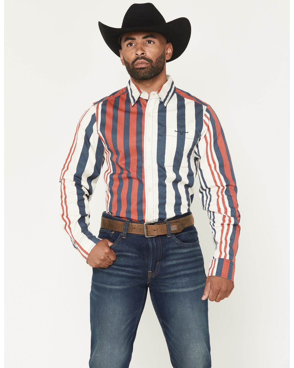 Image #1 - Kimes Ranch Men's 1992 Striped Long Sleeve Button-Down Western Shirt, Navy, hi-res