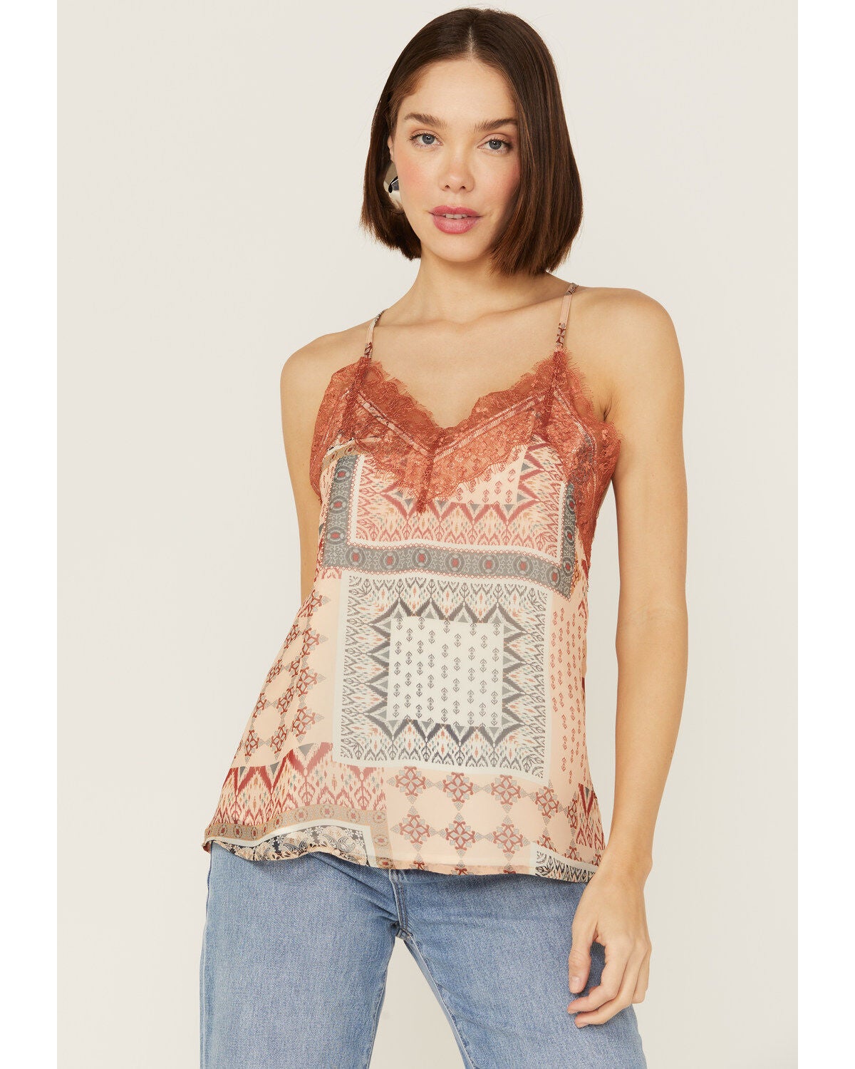 Miss Me Women's Patchwork Lace Cami, Rust Copper, hi-res