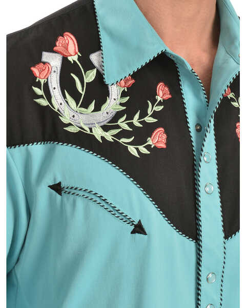 Image #2 - Scully Men's Rose & Horseshoe Embroidered Retro Long Sleeve Western Shirt, , hi-res