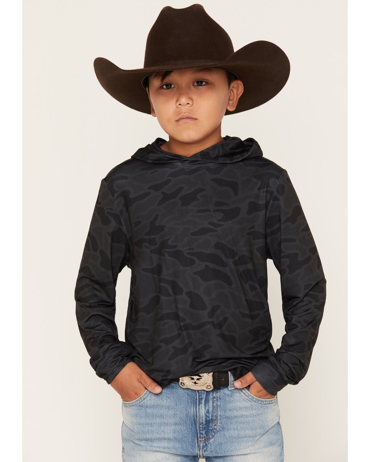 Image #1 - Burlebo Boys' Camo Print Hooded Stretch Performance Shirt, Black, hi-res