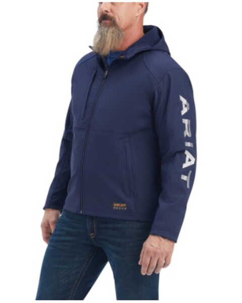 Ariat Men's Rebar Stretch Canvas Logo Zip-Front Hooded Softshell Work Jacket , Navy, hi-res