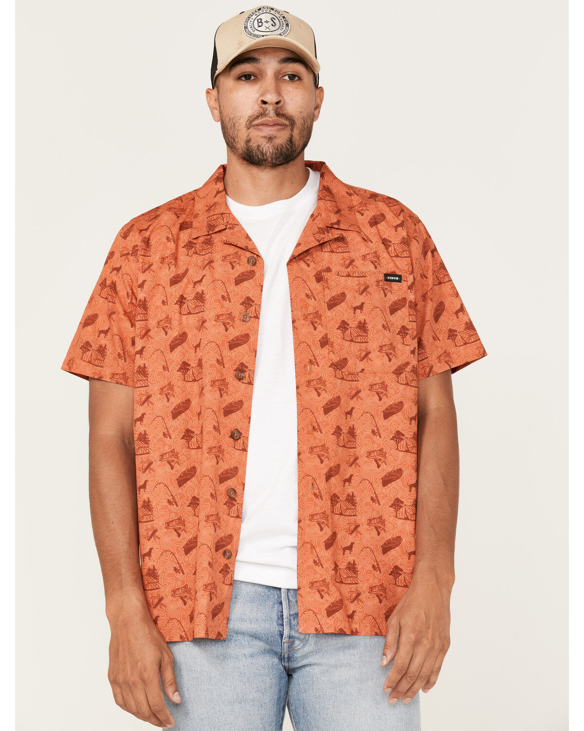 Image #1 - Cinch Men's Camp Trailblazer Allover Beach Print Short Sleeve Button Down Western Shirt, , hi-res