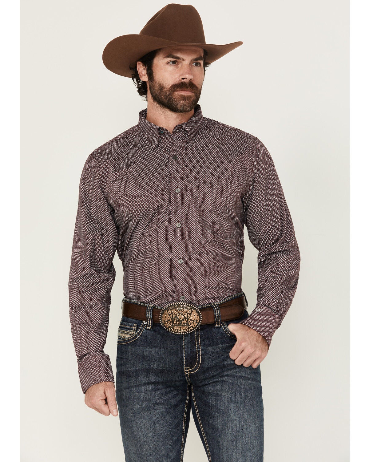 Wrangler x Cody Johnson Men's Geo Print Long Sleeve Button-Down Western Shirt, Burgundy, hi-res