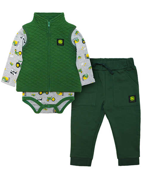 John Deere Infant-Boys' Quilted Vest, Farm Print Long Sleeve Onesie & Pants Set - 3-Piece , Grey, hi-res
