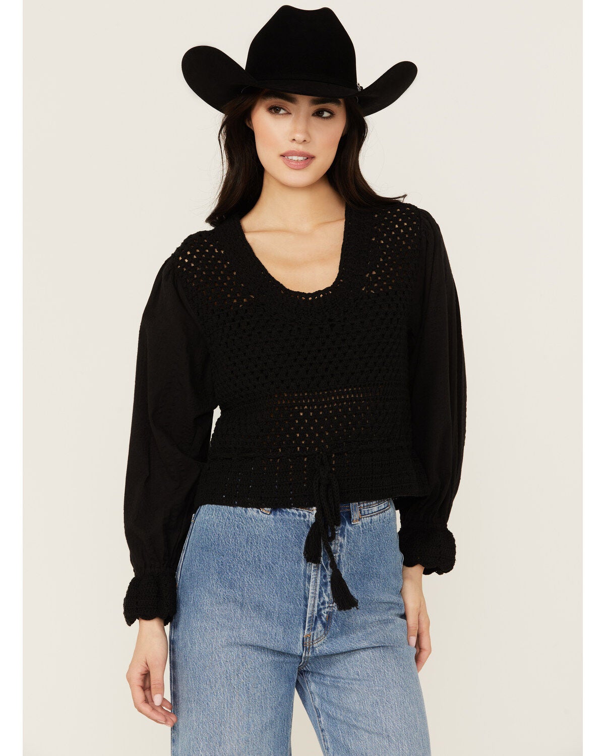 Revel Women's Layer Crochet Long Sleeve Shirt, Black, hi-res