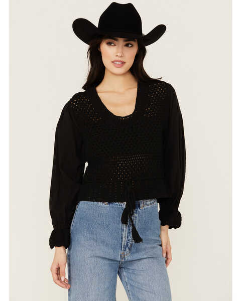 Revel Women's Layer Crochet Long Sleeve Shirt , Black, hi-res