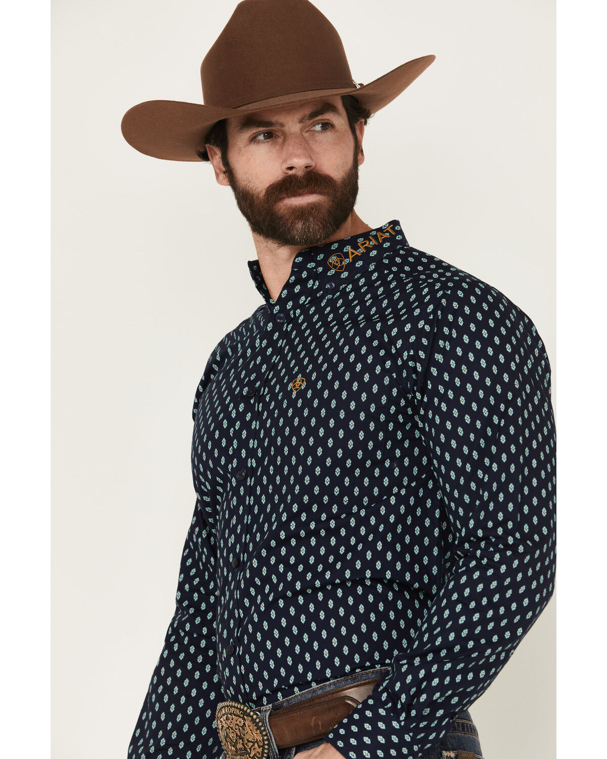 Image #3 - Ariat Men's Team Powell Printed Long Sleeve Button-Down Western Shirt, Navy, hi-res
