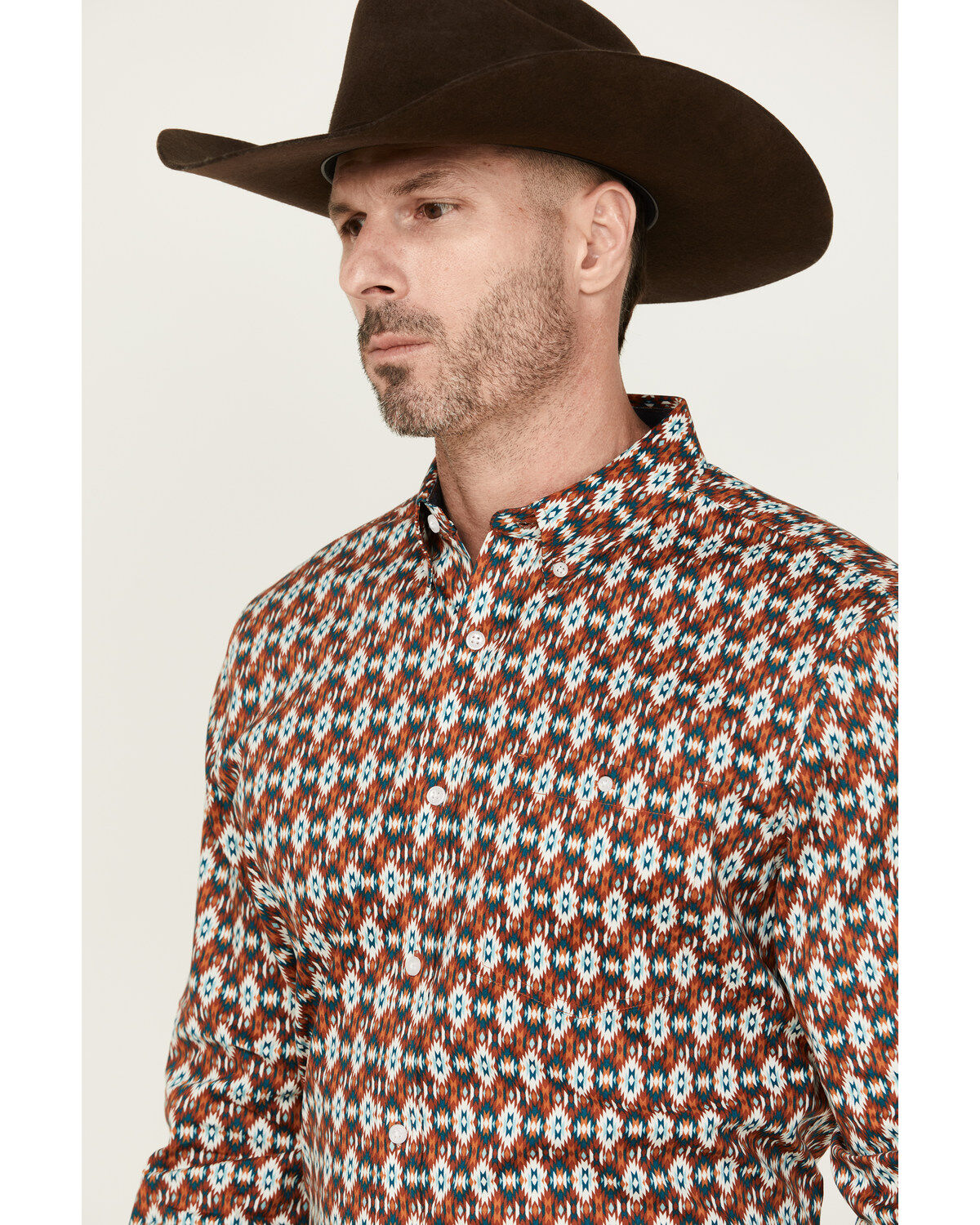 Image #2 - RANK 45® Men's Multaz Southwestern Print Geo Print Long Sleeve Button-Down Performance Stretch Western Shirt, Teal, hi-res