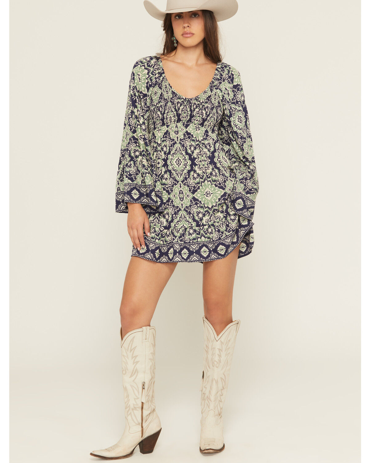 Angie Women's Geo Print Long Sleeve Smocked Front Mini Dress