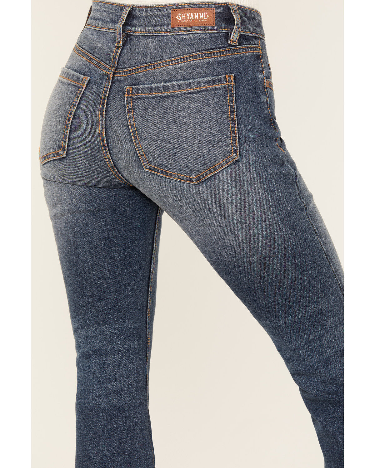 Image #4 - Shyanne Women's Sand Palm Medium Wash Mid Rise Stretch Flare Jeans, Medium Wash, hi-res