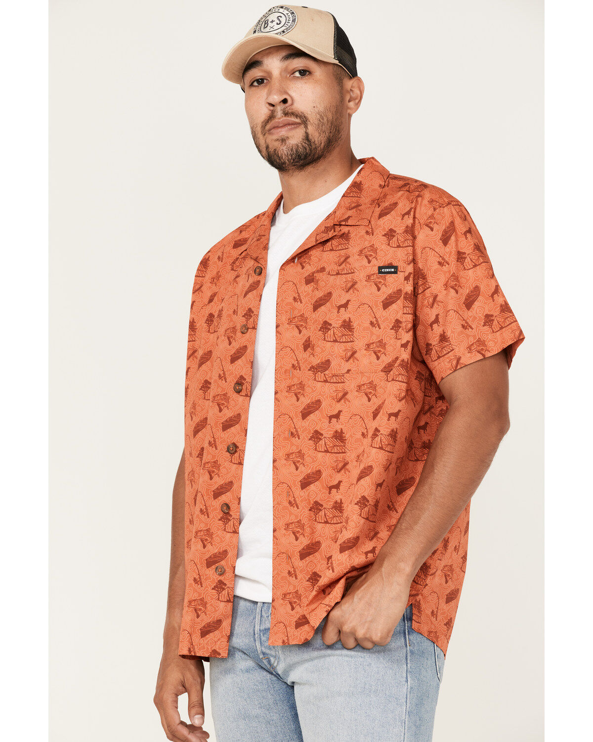 Image #2 - Cinch Men's Camp Trailblazer Allover Beach Print Short Sleeve Button Down Western Shirt, , hi-res