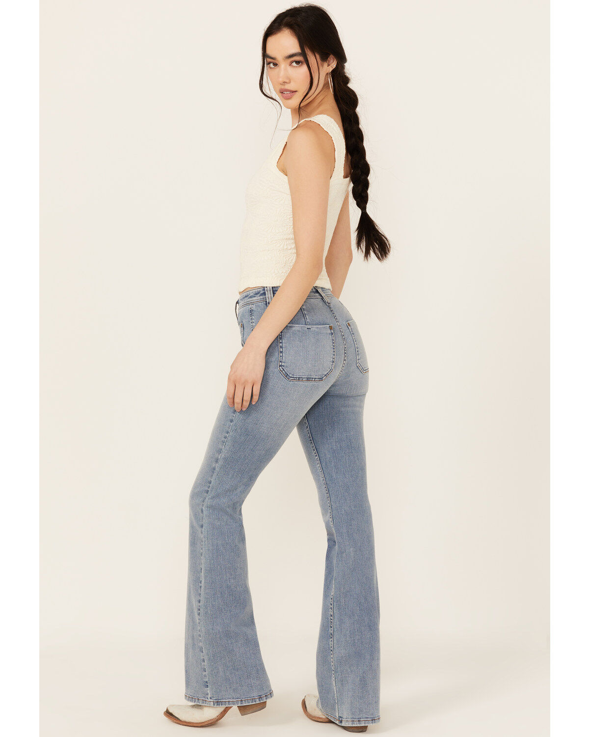 Image #3 - Shyanne Women's Luna Medium Wash High Rise Patch Pocket Flare Comfort Stretch Denim Jeans, Medium Wash, hi-res
