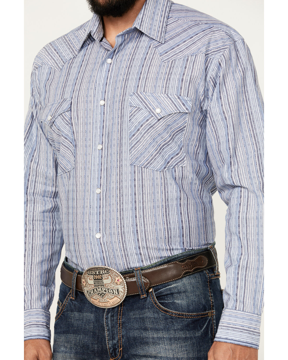 Image #3 - Rough Stock by Panhandle Men's Striped Long Sleeve Pearl Snap Stretch Western Shirt, Blue, hi-res