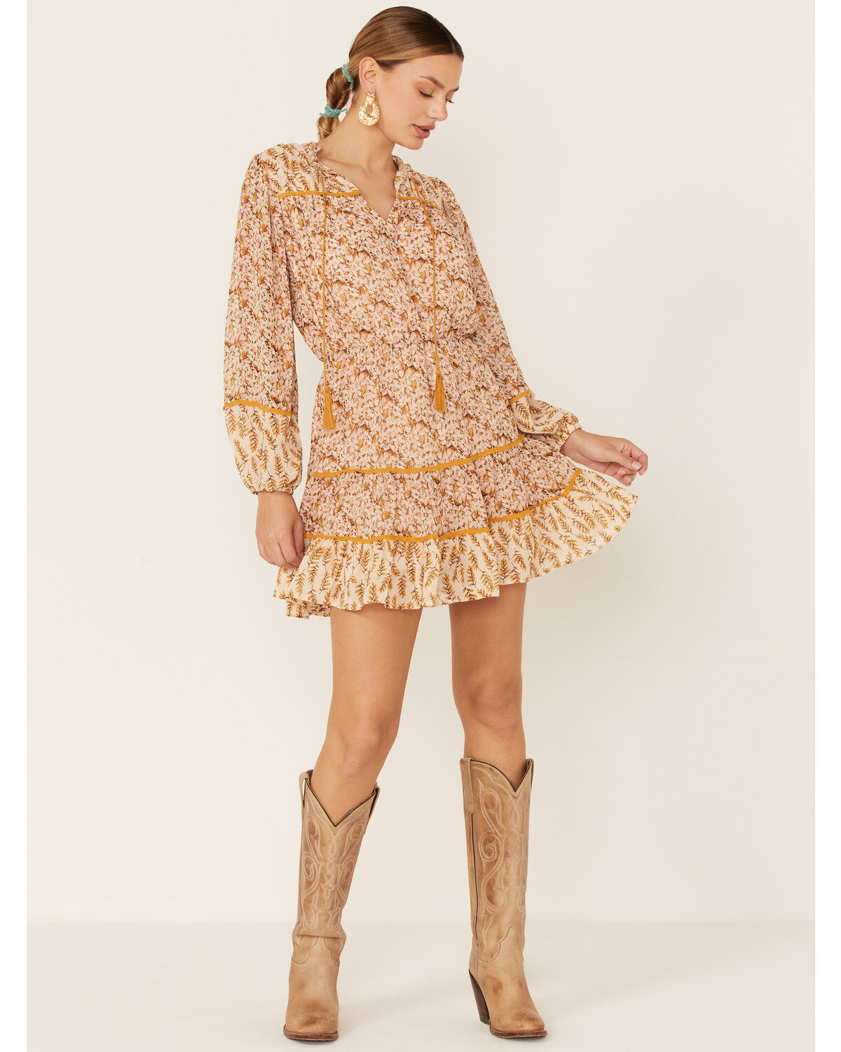 Image #4 - Miss Me Women's Ditsy Floral Long Sleeve Peasant Mini Dress, , hi-res