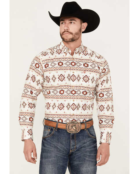 Ariat Men's Shay Southwestern Print Long Sleeve Button-Down Western Shirt, White, hi-res