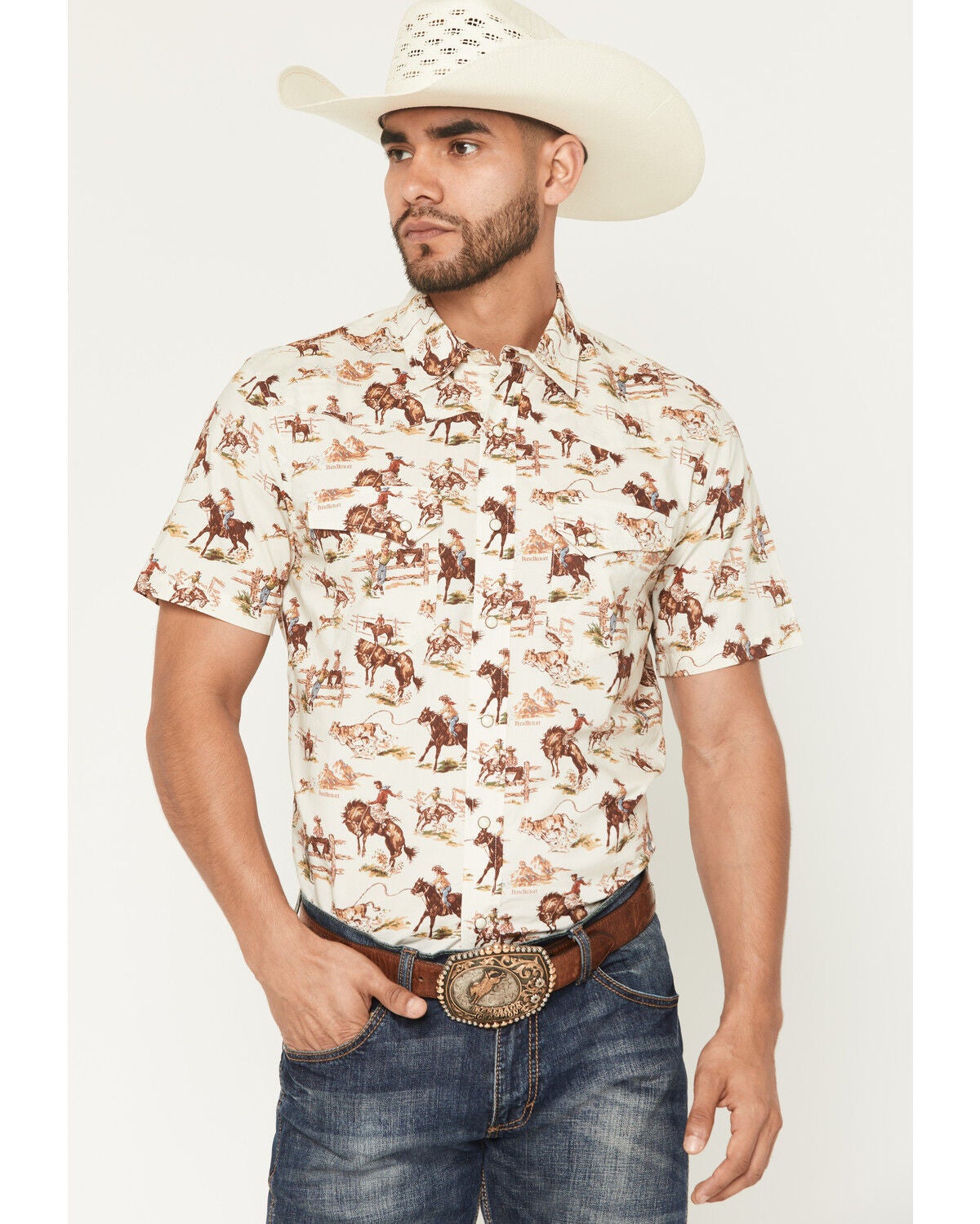Pendleton Men's Laramie Wild Horse Print Short Sleeve Snap Western Shirt, Cream, hi-res