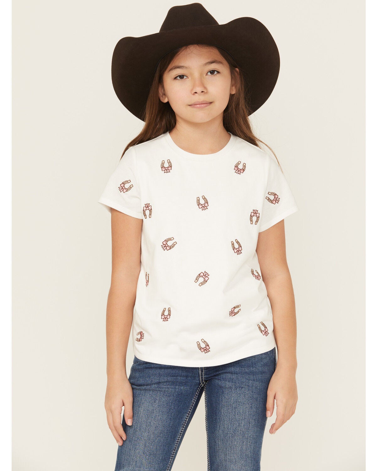 Shyanne Girls' Bow Horseshoe Embroidered Short Sleeve Tee, Pink, hi-res