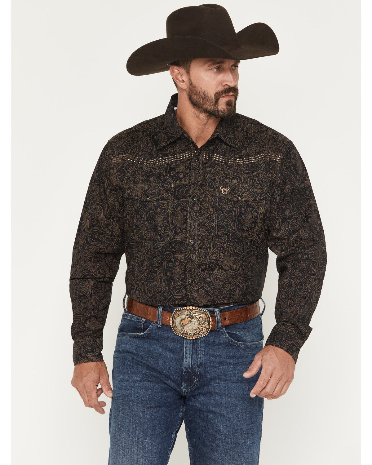 Image #1 - Cowboy Hardware Men's Tooled Floral Print Long Sleeve Snap Stretch Western Shirt, Dark Brown, hi-res