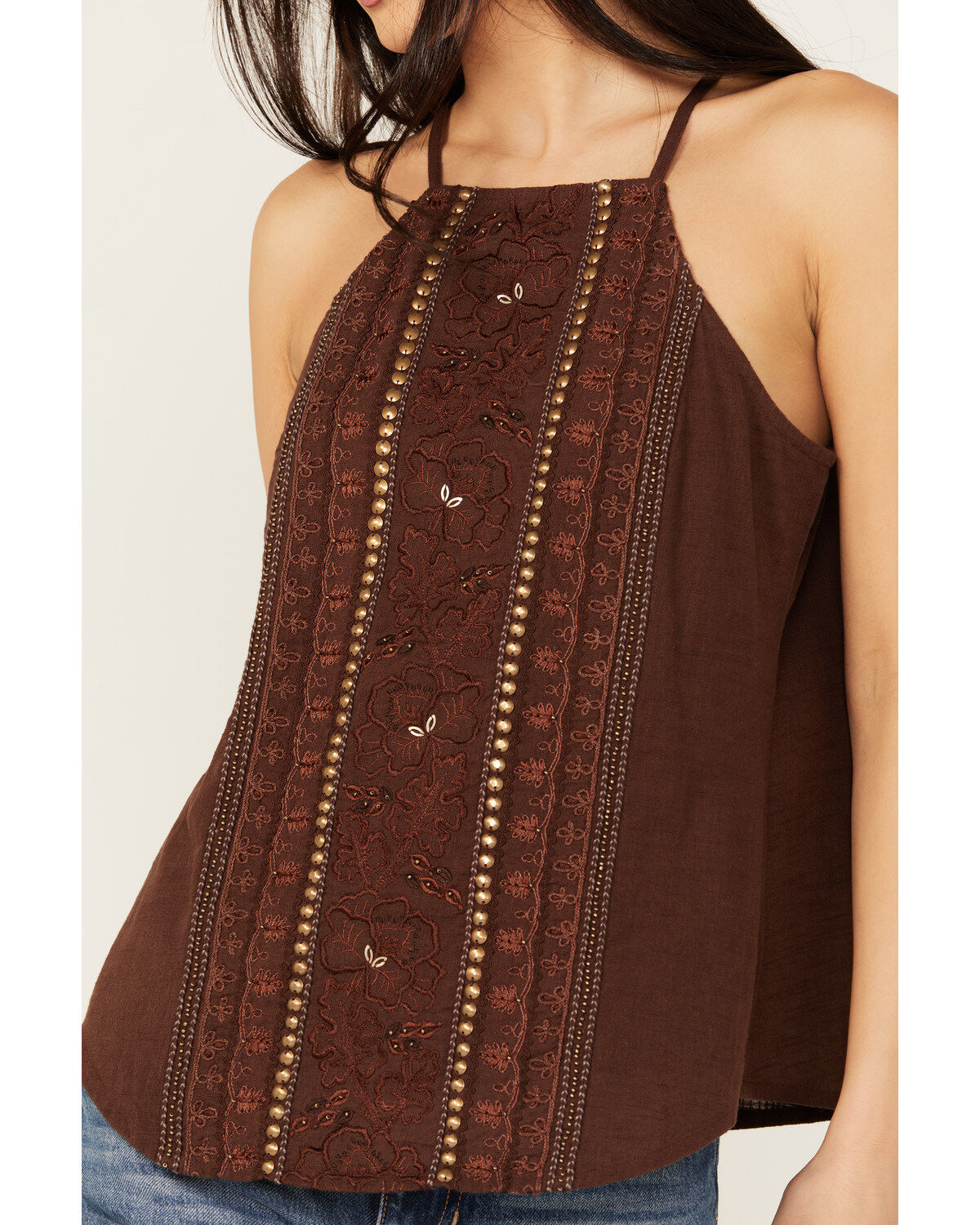 Image #3 - Shyanne Women's Embellished Halter Tank, Dark Brown, hi-res