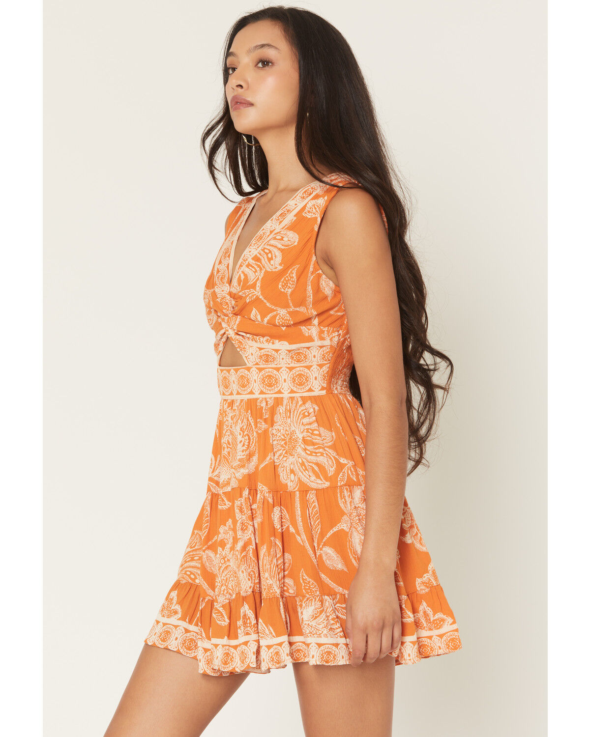 Image #2 - Angie Women's Floral Print Sleeveless Knot Front Mini Dress, Orange, hi-res
