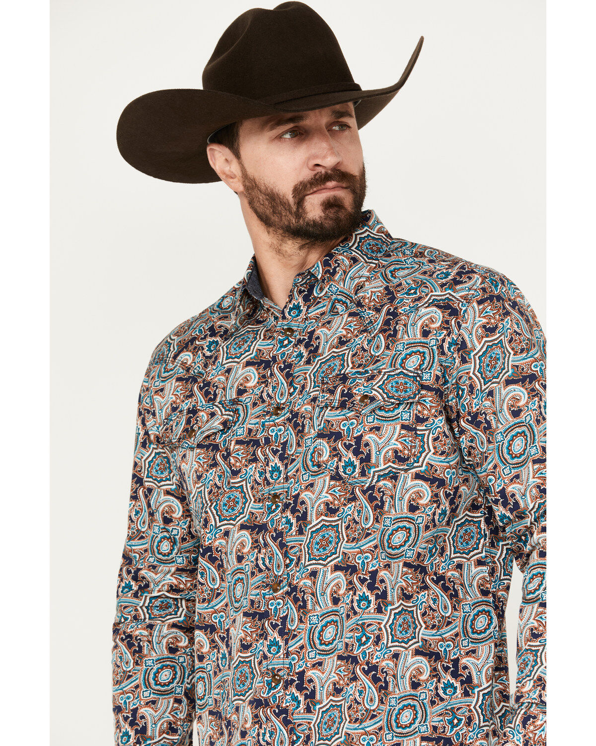 Image #2 - Moonshine Spirit Men's Gypsy Club Paisley Print Long Sleeve Western Snap Shirt, Navy, hi-res