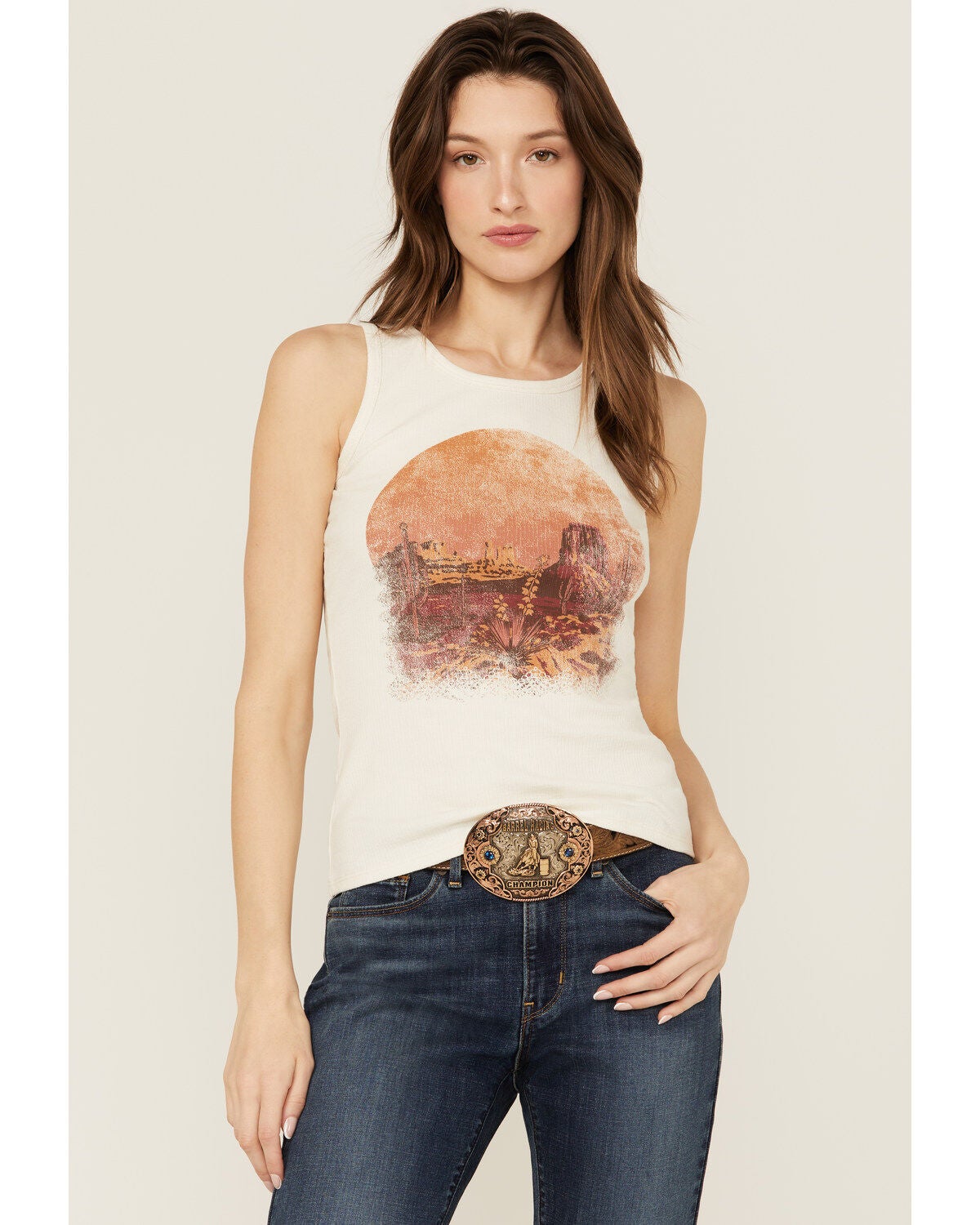 Shyanne Women's Desert Scene Graphic Rib Knit Tank, Off White, hi-res