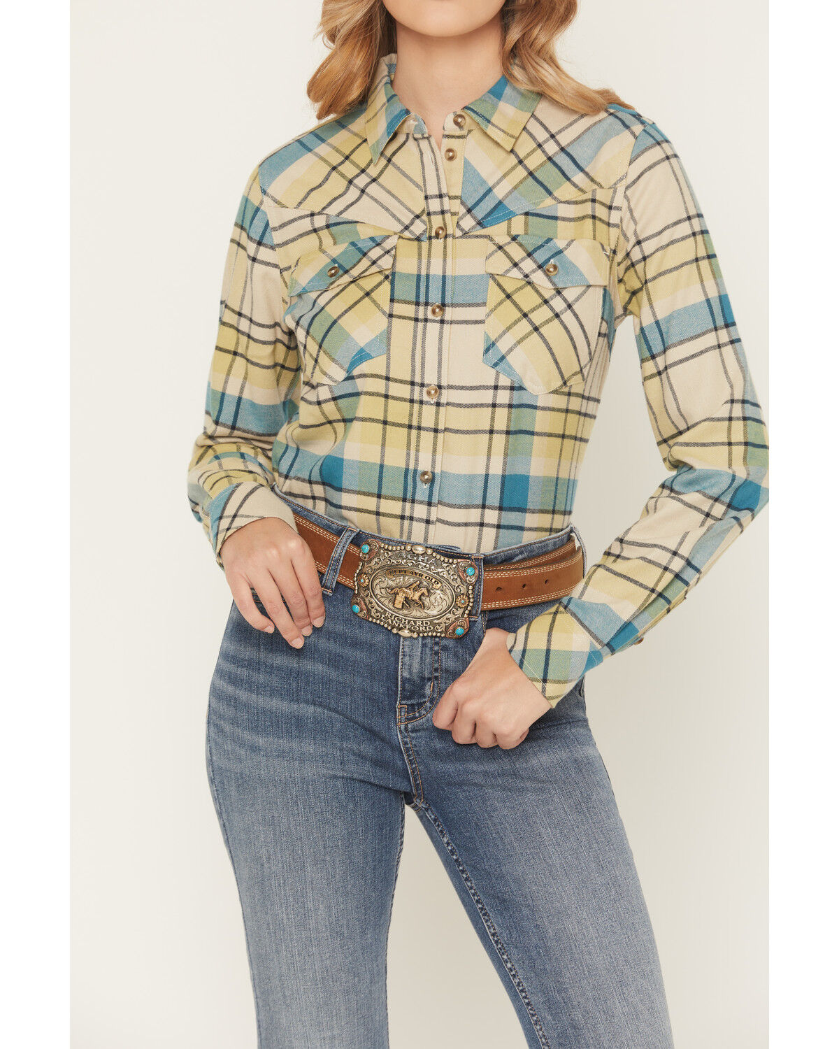 Image #3 - Shyanne Women's Plaid Print Long Sleeve Button-Down Flannel Shirt, Cream, hi-res
