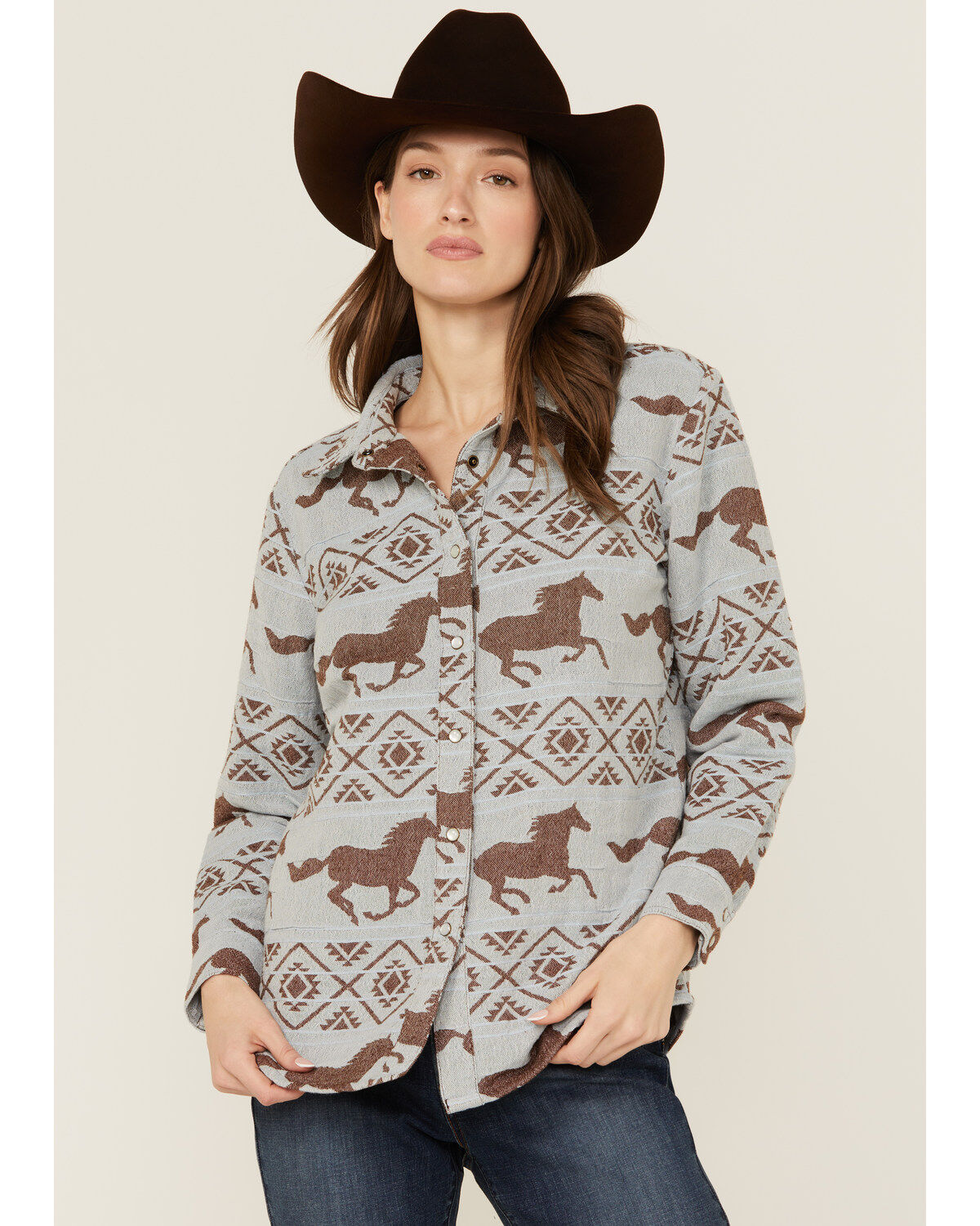 Image #1 - Shyanne Women's Horse Print Blanket Long Sleeve Pearl Snap Western Shirt, Light Blue, hi-res