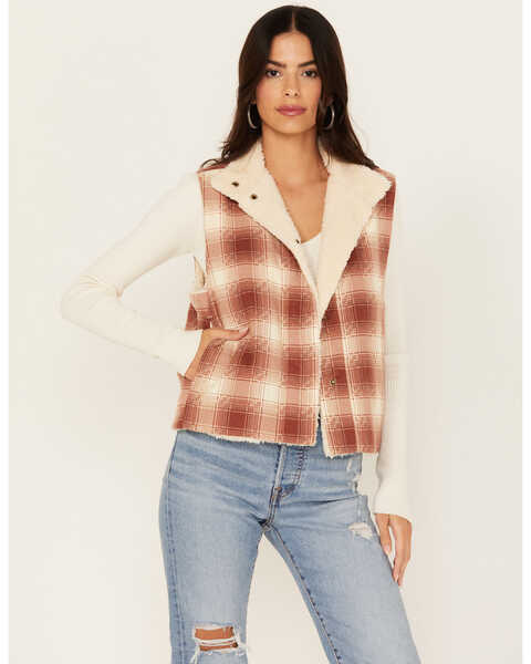 Cleo + Wolf Women's Alice Reversible Sherpa and Plaid Vest , Rust Copper, hi-res