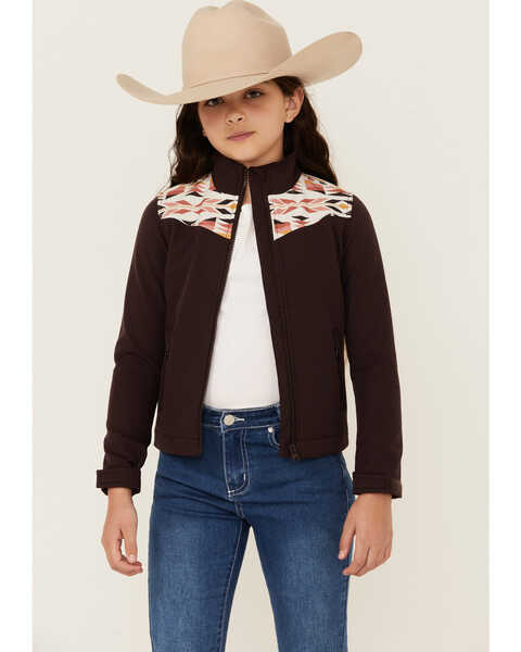 Shyanne Girls' Southwestern Print Softshell Jacket , Chocolate, hi-res