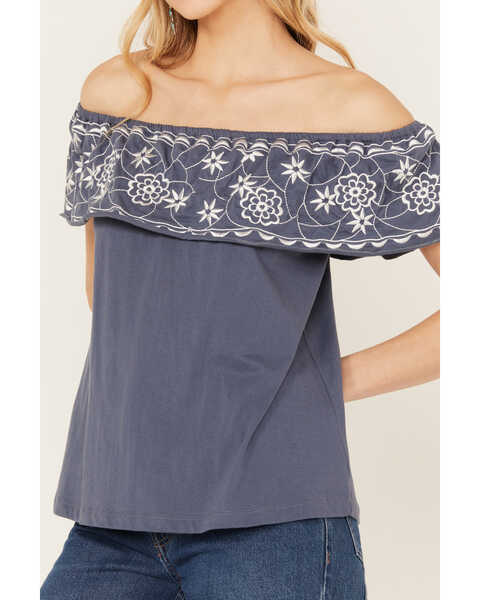 Panhandle Women's Off The Shoulder Floral Embroidered Top, Navy, hi-res
