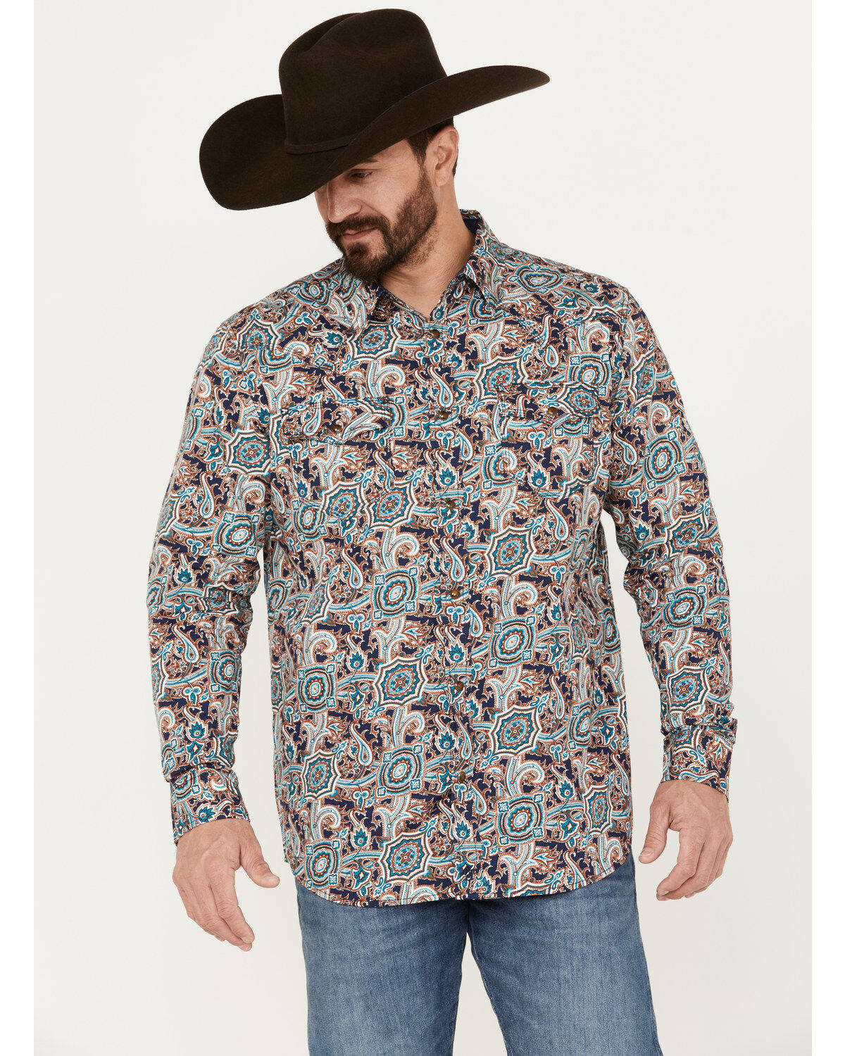 Image #1 - Moonshine Spirit Men's Gypsy Club Paisley Print Long Sleeve Western Snap Shirt, Navy, hi-res