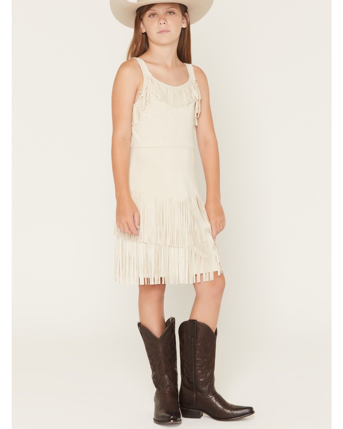 Shyanne Girls' Solid Faux Suede Fringe Sleeveless Dress, Ivory, hi-res