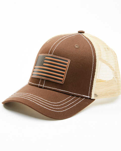 Cody James Men's Brown Leather Flag Patch Mesh-Back Ball Cap , Brown, hi-res