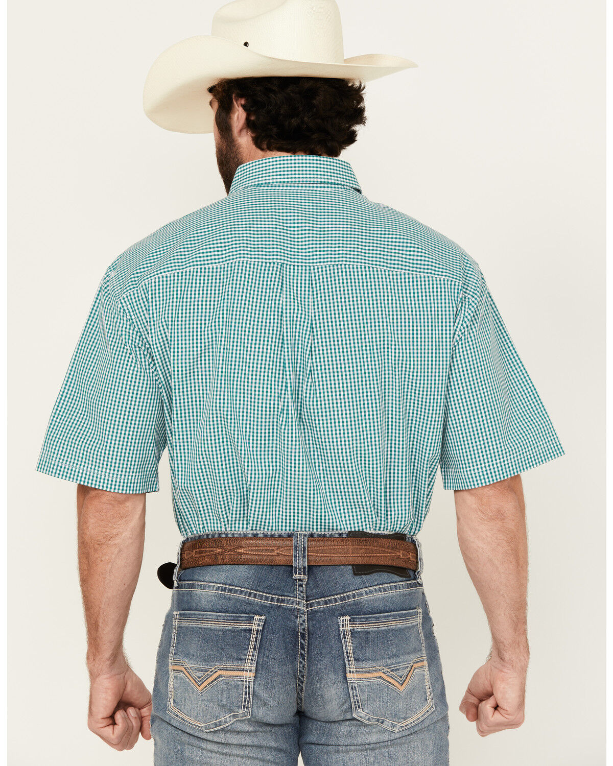 Image #4 - George Strait by Wrangler Men's Checkered Print Short Sleeve Button-Down Stretch Western Shirt, Turquoise, hi-res
